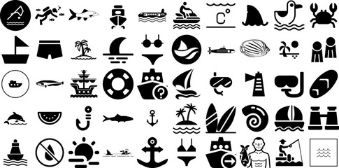 Huge Set Of Sea Icons Set Hand-Drawn Solid Drawing Pictogram Tortoise, Icon, Anchor, Creature Clip Art Isolated On White Background