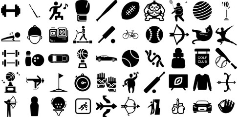 Huge Collection Of Sport Icons Set Black Vector Web Icon Tool, Health, Court, Silhouette Symbol Isolated On Transparent Background - obrazy, fototapety, plakaty