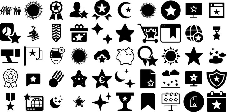 Huge Set Of Star Icons Pack Hand-Drawn Black Simple Glyphs Scepter, Sweet, Silhouette, Festival Silhouettes Isolated On White Background