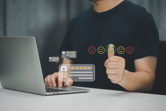 Users giving ratings to service experiences on an online website for customer review, satisfaction. Customer review good rating concept