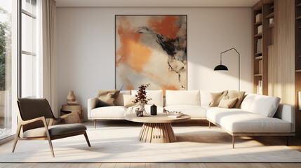 Stylish Living Room Interior with an Abstract Frame Poster, Modern interior design, 3D render, 3D illustration