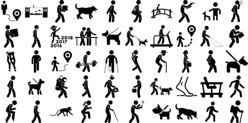 Massive Collection Of Walking Icons Set Linear Simple Symbols Silhouette, Woman, Man, Businessman Doodle For Apps And Websites
