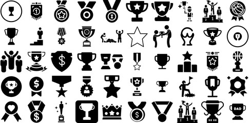 Big Set Of Winner Icons Pack Black Cartoon Pictograms Victory, Badge, Profile, Icon Pictograms Vector Illustration - obrazy, fototapety, plakaty