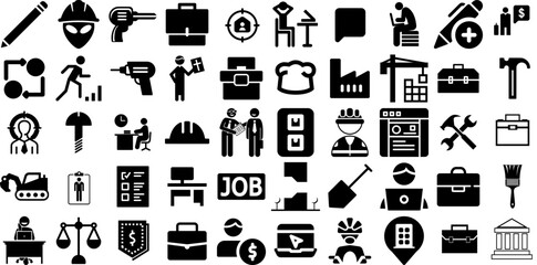 Massive Collection Of Work Icons Collection Solid Infographic Silhouettes Health, Contractor, Artist, Tool Clip Art Isolated On Transparent Background