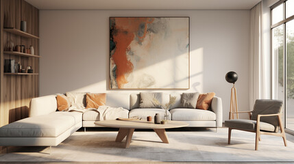 Stylish Living Room Interior with an Abstract Frame Poster, Modern interior design, 3D render, 3D illustration