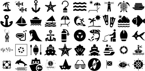 Massive Collection Of Sea Icons Set Hand-Drawn Linear Drawing Elements Tortoise, Creature, Anchor, Icon Pictogram For Apps And Websites
