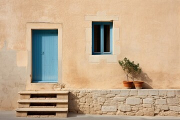 Fototapeta na wymiar French architecture. Blue wall with door and window. Old house in the town. 