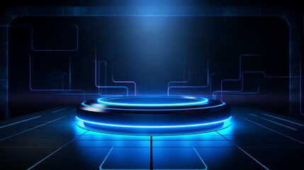 Naklejka premium Luxury 3d display minimalist empty space podium with blue neon light lamps on black background.