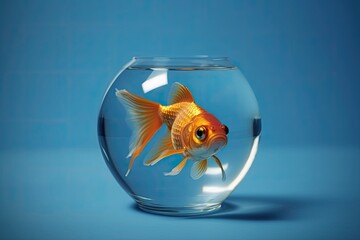 Naklejka na ściany i meble Against a blue background, a goldfish in a fishbowl glass shows interest. filmed in a studio using a Canon 5D Mark III