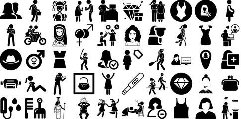 Huge Collection Of Woman Icons Collection Black Modern Elements Figure, Workwear, Silhouette, People Clip Art Isolated On White Background