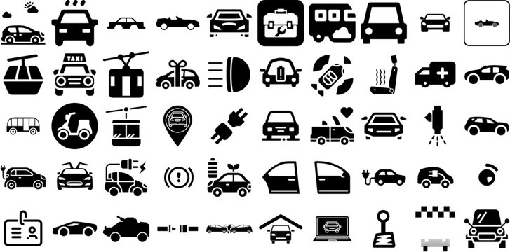 Mega Collection Of Car Icons Set Hand-Drawn Isolated Concept Pictogram Laundered, Mark, Yacht, Slow Glyphs Isolated On White Background