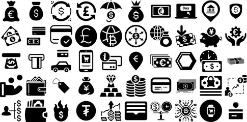 Mega Set Of Money Icons Set Hand-Drawn Black Simple Elements Finance, Goodie, Silhouette, Coin Signs Vector Illustration
