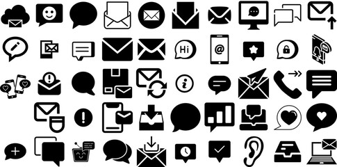 Big Set Of Message Icons Bundle Hand-Drawn Black Infographic Clip Art Optimization, Toque, Post, Icon Doodles For Apps And Websites