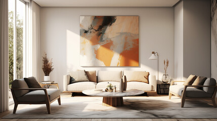 Fototapeta na wymiar Stylish Living Room Interior with an Abstract Frame Poster, Modern interior design, 3D render, 3D illustration