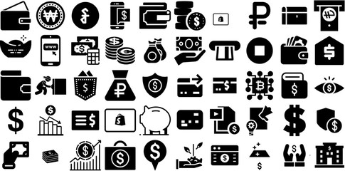 Mega Set Of Money Icons Pack Hand-Drawn Isolated Drawing Web Icon Coin, Goodie, Finance, Silhouette Pictogram Vector Illustration
