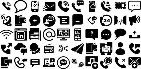 Mega Collection Of Communication Icons Bundle Hand-Drawn Black Vector Pictogram Profile, Chat, Identification, Correspondence Pictogram Isolated On White
