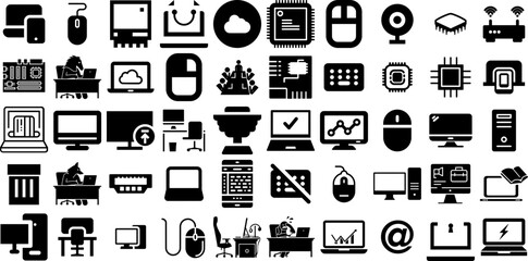 Big Set Of Computer Icons Set Solid Concept Symbol Pointer, Silhouette, Shopping, Set Illustration For Computer And Mobile