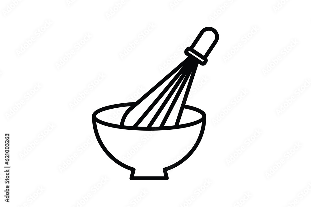 Poster mixing bowl icon with whisk. icon related to element of bakery, cook, kitchen. line icon style desig