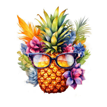Summer Pineapple Wearing Sunglasses with Tropical Flowers Clipart PNG Sublimation isolated on Transparent Background.
