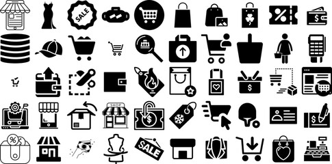 Huge Collection Of Shopping Icons Pack Isolated Simple Silhouettes Mark, Purchase, Shopping Centre, Goodie Symbol Isolated On White Background