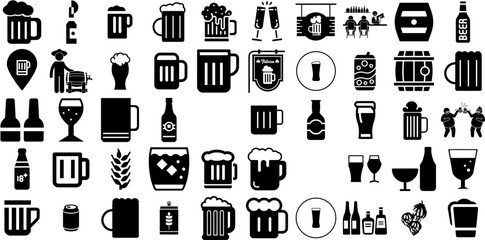 Big Set Of Beer Icons Pack Black Modern Pictogram Wine, Icon, Pub, Barrel Silhouette Isolated On Transparent Background - obrazy, fototapety, plakaty