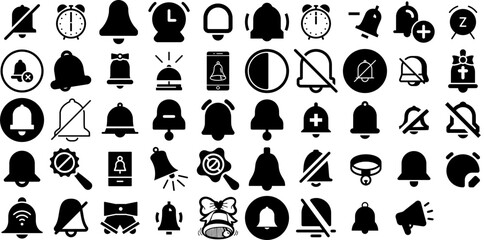 Mega Collection Of Bell Icons Set Solid Vector Pictograms People, Bouquet, Icon, Service Signs Isolated On White