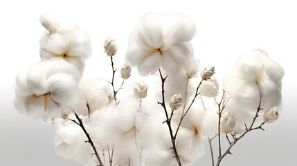 beautiful puffs of cotton blossoms on a white background. made using generative AI tools
