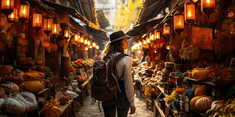 China food market street in Beijing. Chinese tourist walking in city streets on Asia vacation tourism. Asian woman travel lifestyle panoramica banner.