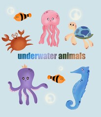 Underwater animals with cute drawings.