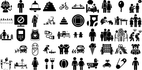 Huge Collection Of Children Icons Pack Solid Cartoon Silhouettes People, Person, Set, Silhouette Glyphs For Computer And Mobile