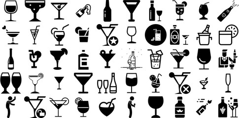 Huge Collection Of Cocktail Icons Bundle Hand-Drawn Solid Cartoon Clip Art Wine, Ales, Cocktail, Icon Elements Vector Illustration - obrazy, fototapety, plakaty