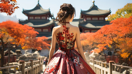 Asian young woman in old traditional Chinese dresses in the Temple of Heaven in Beijing, China. Landscape and culture travel, or historical building and sightseeing concept - obrazy, fototapety, plakaty