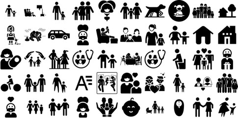 Mega Collection Of Family Icons Set Hand-Drawn Black Cartoon Signs Team, Profile, Health, Icon Silhouette Vector Illustration - obrazy, fototapety, plakaty