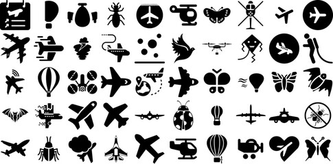 Massive Collection Of Fly Icons Pack Flat Design Clip Art String, Graphic, Outline, Fairy Tale Silhouette Vector Illustration