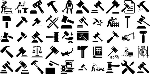 Big Collection Of Hammer Icons Bundle Isolated Cartoon Glyphs Icon, Wrench, Tool, Finance Symbol Isolated On White