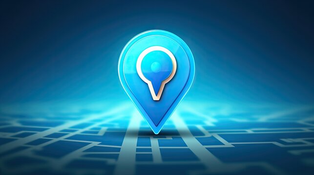 A blue location pin sign icon is shown, as well as a gps navigation map road direction or internet search bar symbol and a position place background with find route mark trip destination navigator.