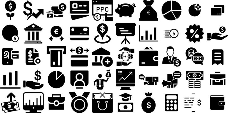 Huge Collection Of Finance Icons Bundle Flat Vector Symbol Coin, Giving, Court, Finance Doodle Isolated On White Background