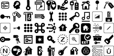 Mega Collection Of Key Icons Bundle Hand-Drawn Linear Drawing Pictogram Symbol, Icon, Wheel, Tool Pictograph Vector Illustration - obrazy, fototapety, plakaty