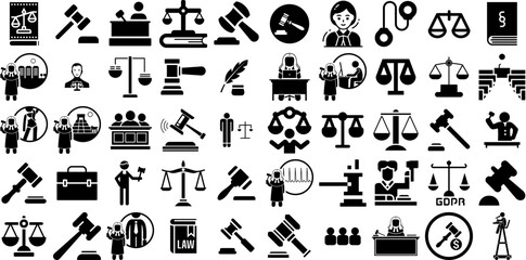 Huge Collection Of Judge Icons Bundle Hand-Drawn Black Drawing Symbols Lawyer, Stronger, Thumb, Gavel Glyphs Isolated On Transparent Background