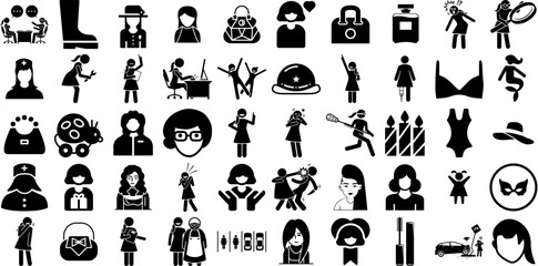 Massive Set Of Lady Icons Collection Linear Concept Clip Art Icon, Female, Lady, Happy Symbol For Apps And Websites