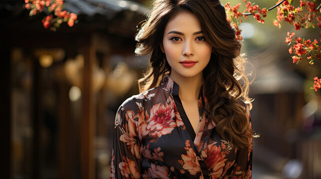 Happy Asian woman wearing traditional cheongsam qipao dress, park outdoors