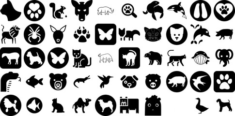 Huge Collection Of Mammal Icons Collection Flat Infographic Elements Icon, Goat, Face, Horn Glyphs Isolated On White Background