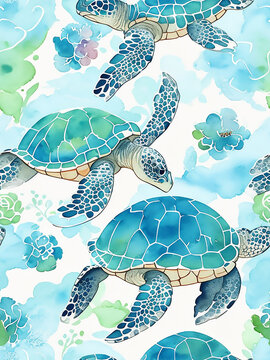 Seamless watercolor pattern with sea turtles. Hand drawn illustration