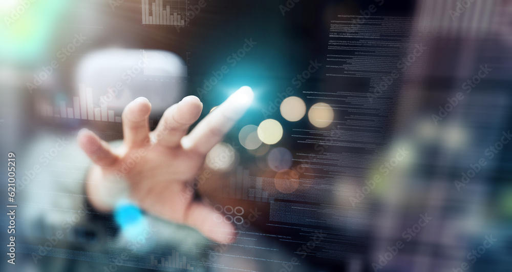 Fototapete Hand, code and programming with hologram, cyber security or digital software with connection. Person, coder and programmer with holographic, typing or coding with data analysis, futuristic or network