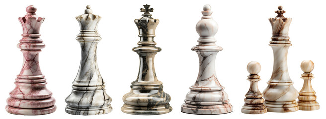 Set of different chess pieces. Design elements for business, competition, singleness of purpose, logic. Marble chess pieces. Logic games. Isolated on transparent background. KI.