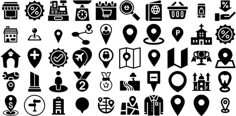 Huge Set Of Place Icons Set Hand-Drawn Black Vector Silhouettes Mark, Icon, Note, Symbol Illustration Isolated On Transparent Background - obrazy, fototapety, plakaty