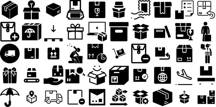 Big Set Of Parcel Icons Bundle Hand-Drawn Black Modern Elements Icon, Product, Package, Parcel Logotype Isolated On White Background