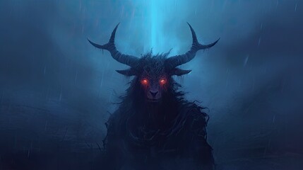 A horned devil in the dead of night against a misty backdrop. made using generative AI tools