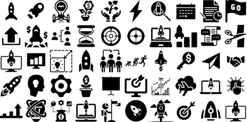 Huge Set Of Startup Icons Bundle Hand-Drawn Black Simple Elements Spaceship, Icon, Investment, Business Doodles Isolated On Transparent Background