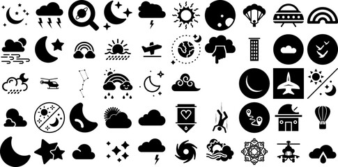 Massive Set Of Sky Icons Pack Hand-Drawn Isolated Simple Pictograms Yellow, Icon, Thermometer, Background Doodles Isolated On Transparent Background